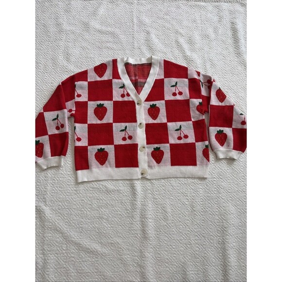 Sincerly Jules Sweaters - Sincerely Jules Women's Strawberry & Cherry Print Cardigan Sweater Sz XL